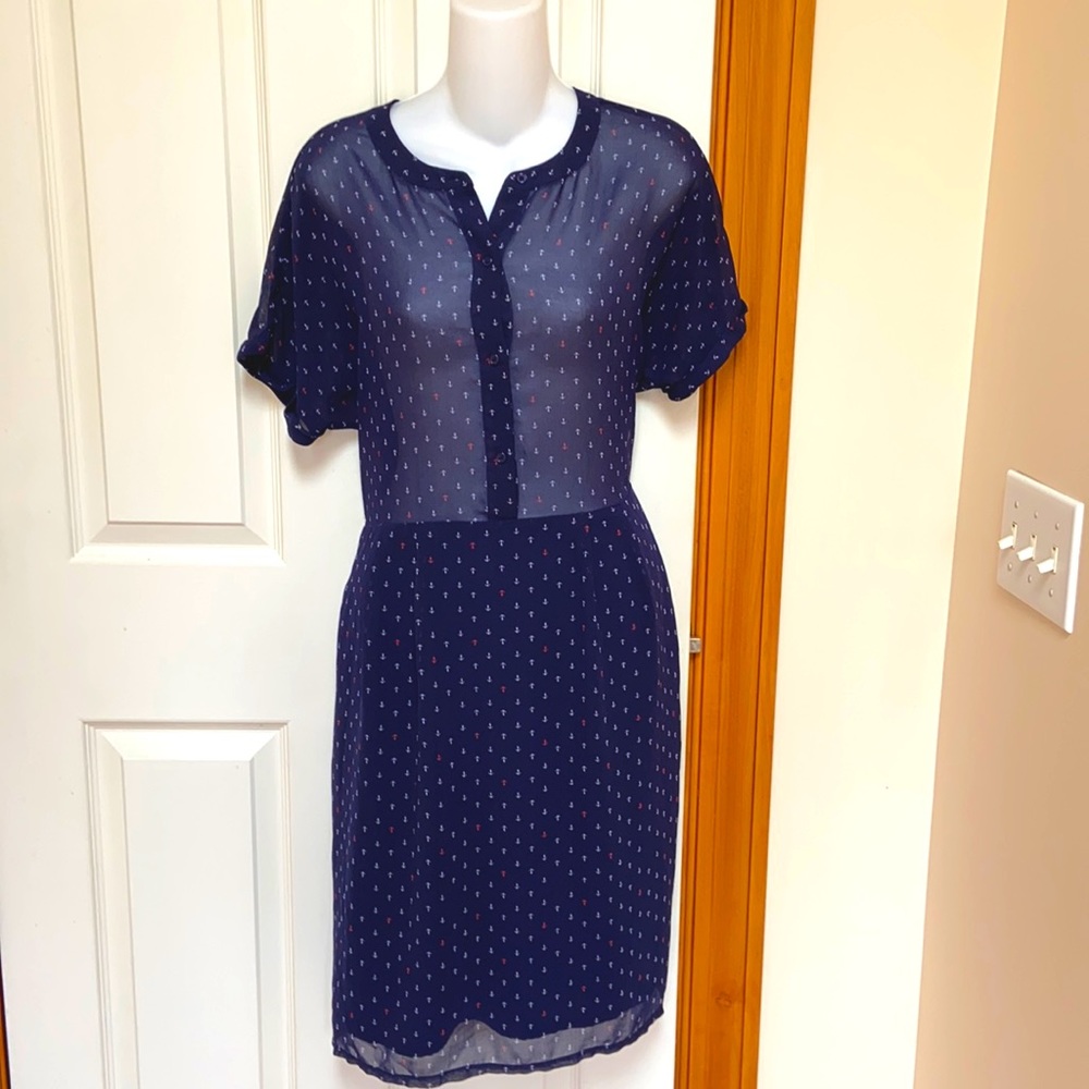 Monoprix Femme Nautical Sheer Dress Anchor Pattern Swing Style Sz 38 US 6